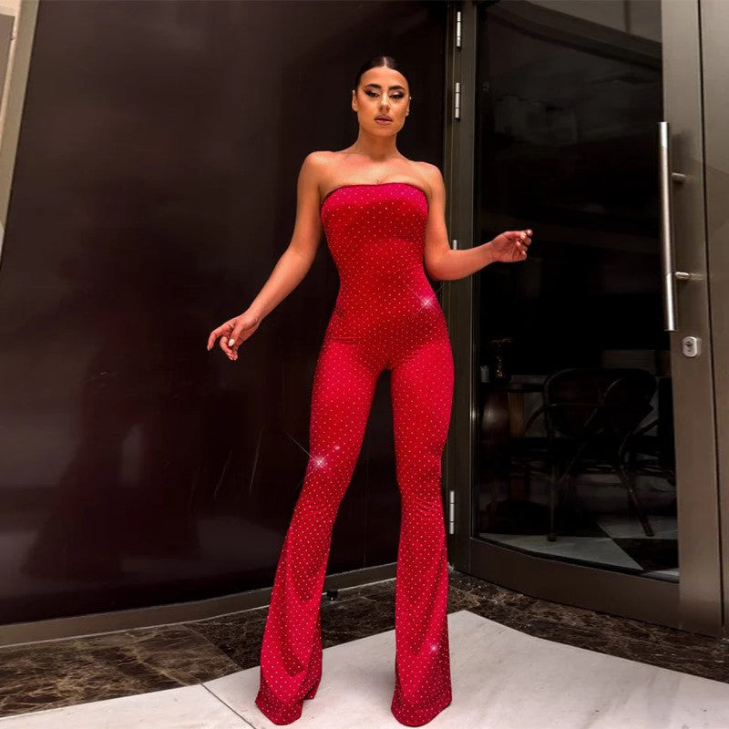 Damen Eleganter und figurbetonter Jumpsuit mit schimmernden Applikationen Drune