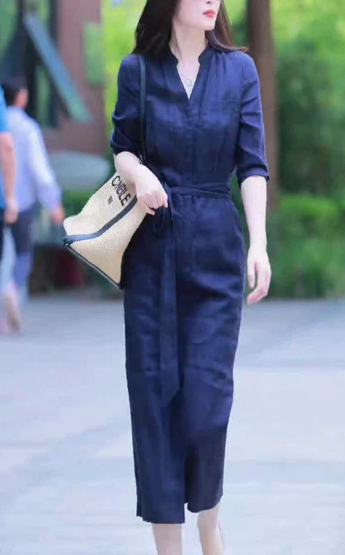 Damen Leichter Culotte-Jumpsuit mit Stehkragen, 3/4-Ärmeln und Taillengürtel Drune