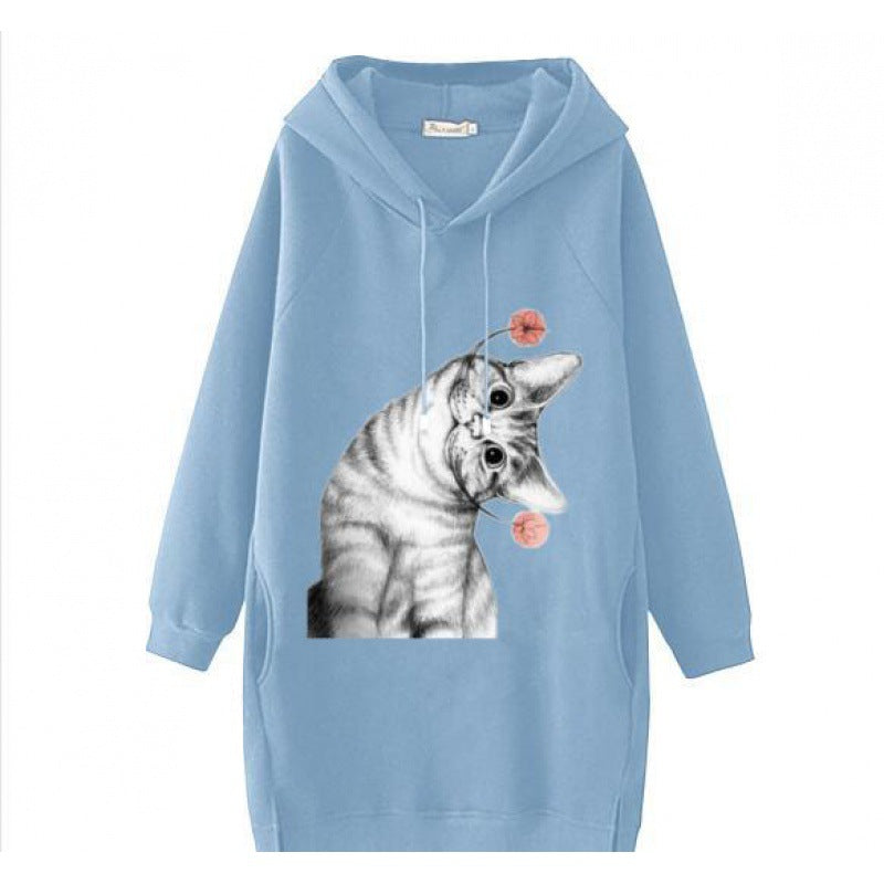 Damen Oversize Kapuzenkleid aus Sweat mit großem Katzenprint und Seitentaschen Drune