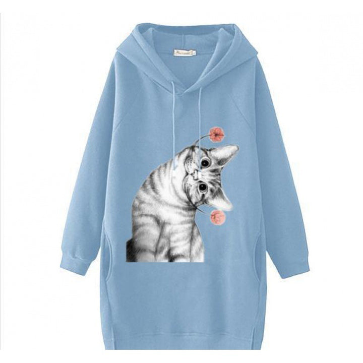Damen Oversize Kapuzenkleid aus Sweat mit großem Katzenprint und Seitentaschen Drune