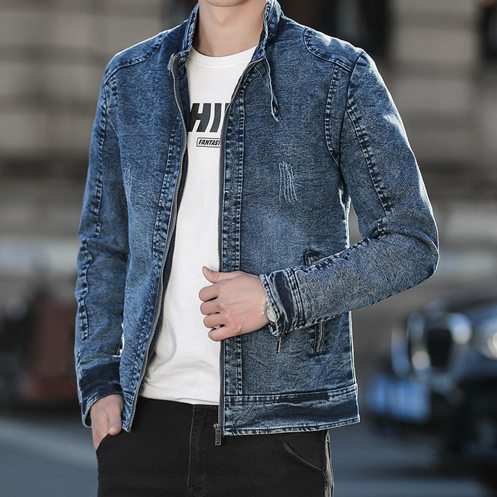 Herren Jeansjacke im Vintage-Washed Slim-Fit mit Stehkragen und Reißverschluss Drune