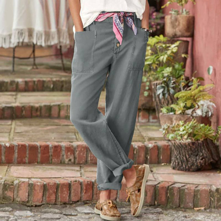 Damen nan Leinen-Baumwoll-Loungehose mit weitem Schnitt, hoher Bund und aufgesetzten Taschen Drune