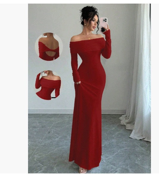 Damen Elegantes Off-Shoulder-Maxikleid mit figurbetontem Schnitt und langen Ärmeln Drune