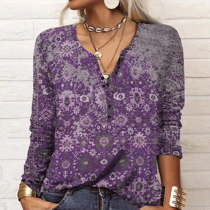 Damen Lockeres Langarm‑Henleyshirt mit V‑Ausschnitt, Knopfleiste und Ombre‑Print Drune
