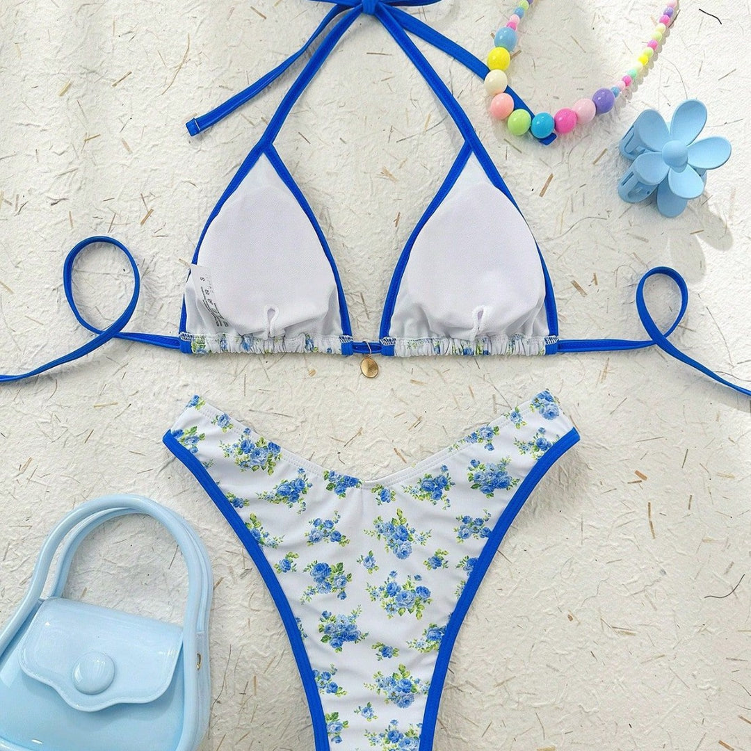 Damen Triangel-Bikini mit verspieltem Blumenmuster und verstellbaren Trägern Drune