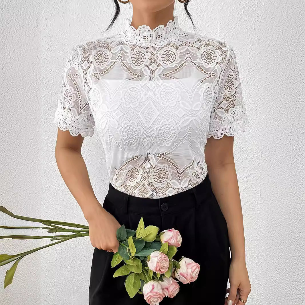 Damen nan semi-transparentes Spitzen-Top mit hohem Rüschenkragen und blickdichter Brustpartie Drune