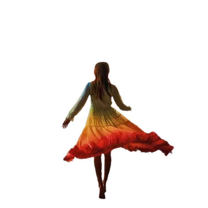 Damen Boho Maxikleid mit voluminösem Rock und Rüschen Drune