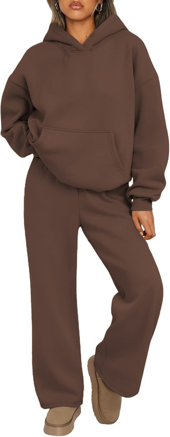 Damen nan Cozy-Loungewear-Set mit oversized Kapuzenpullover, Kängurutasche und weiten Palazzo-Jogginghose Drune