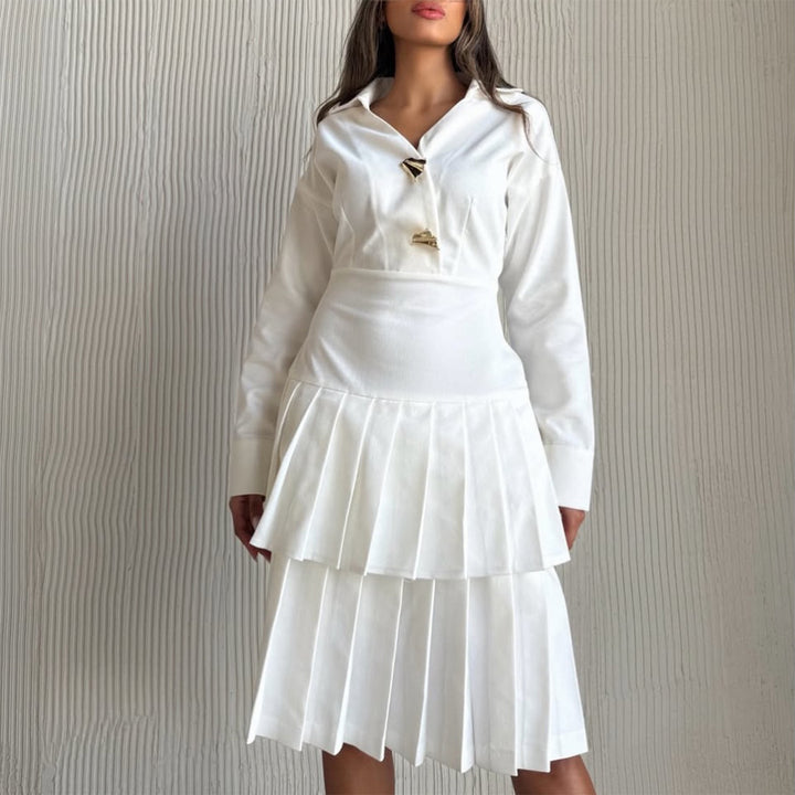Damen Hemdblusenkleid mit Plissee-Saum und modischen Knopfdetails Drune