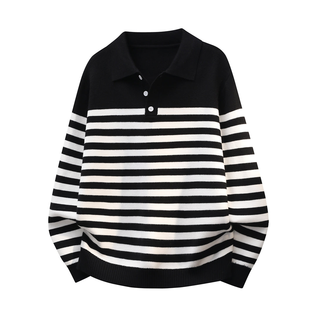 Herren Gestreifter Oversize Polo Strickpullover mit Halbknopfblende und gerippten Abschlüssen Drune