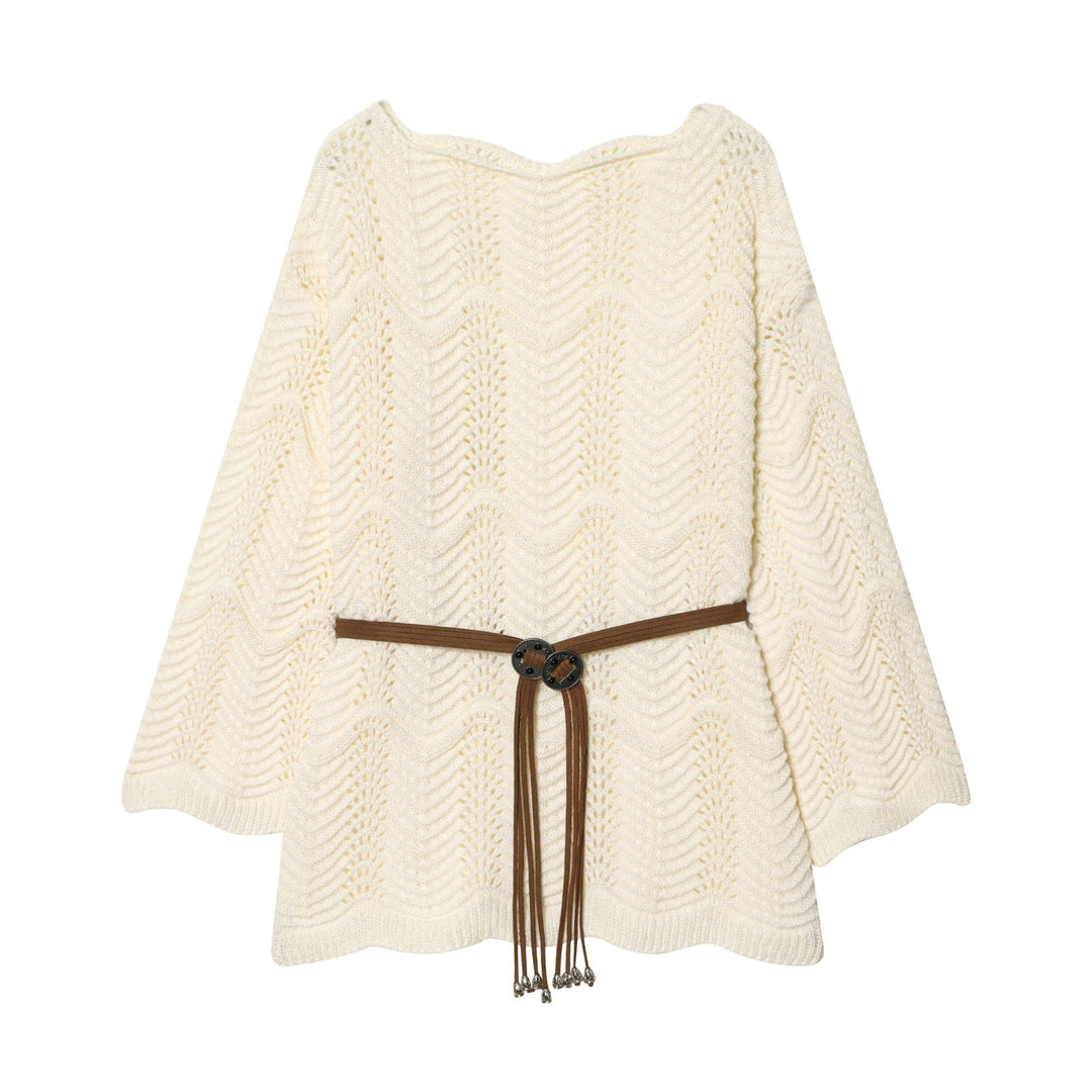 Damen nan gestricktes Poncho-Cape mit dekorativem Lederbandgürtel Drune