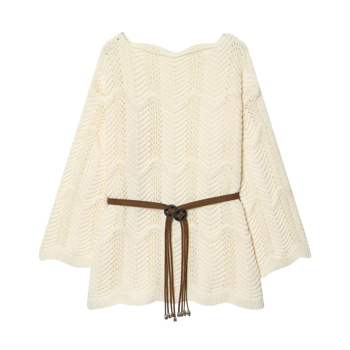 Damen nan gestricktes Poncho-Cape mit dekorativem Lederbandgürtel Drune