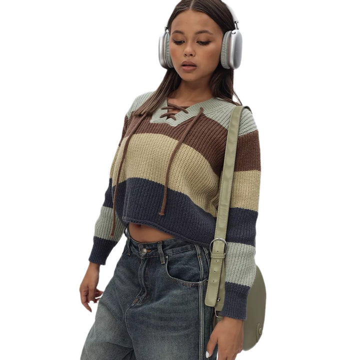 Damen Strickpullover mit lässigem V-Ausschnitt und dekorativem Schnürdetail Drune