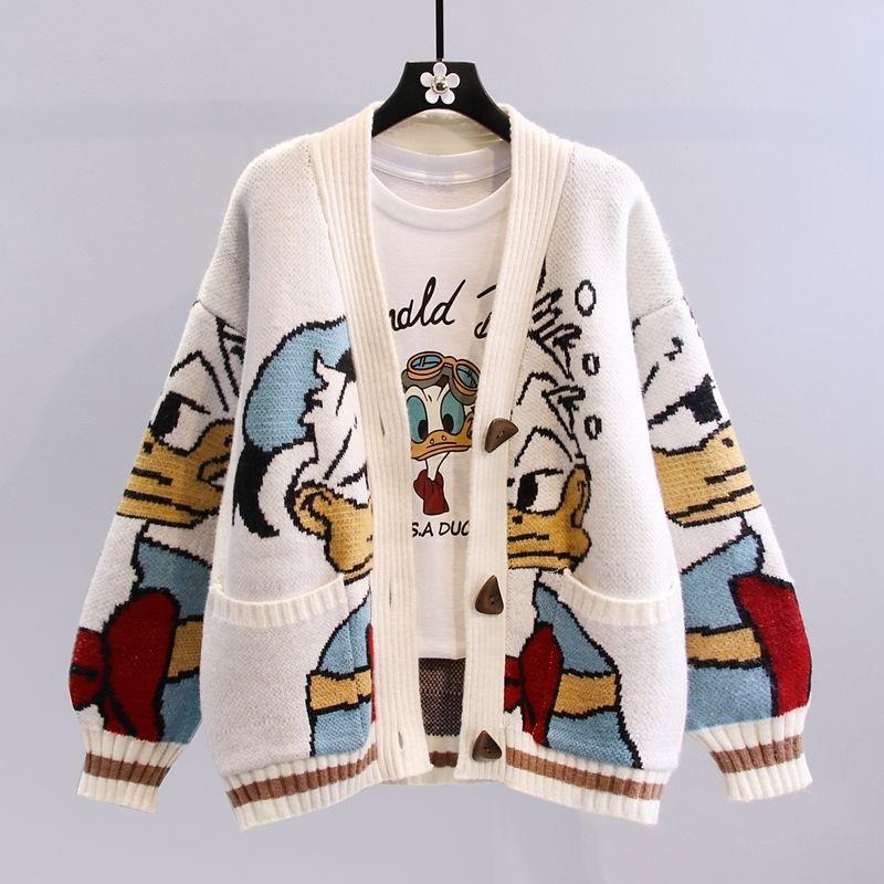 Damen Oversize-Strickcardigan mit Comic-Jacquardmuster und aufgesetzten Taschen Drune