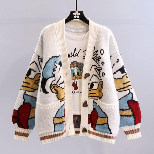 Damen Oversize-Strickcardigan mit Comic-Jacquardmuster und aufgesetzten Taschen Drune