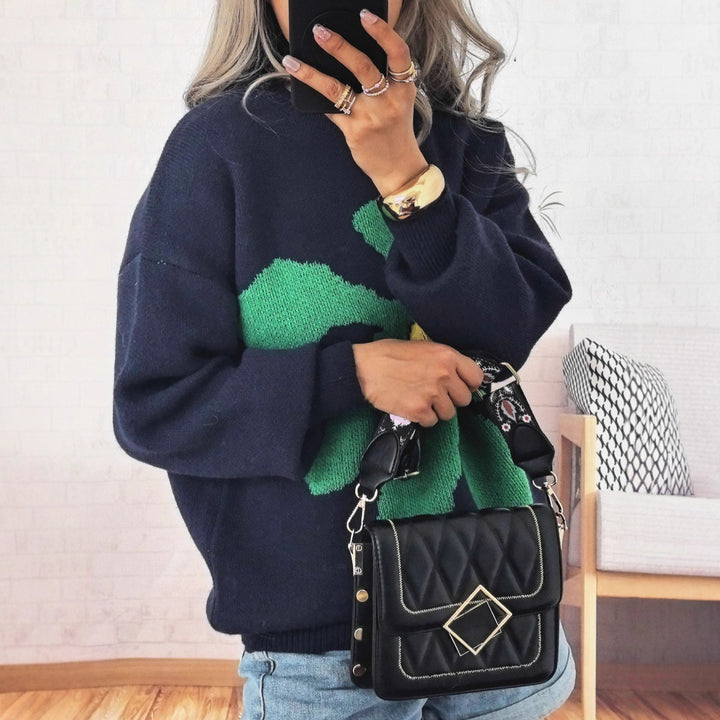 Damen lässiger Strickpullover mit buntem Blumenmotiv und überschnittenen Schultern Drune