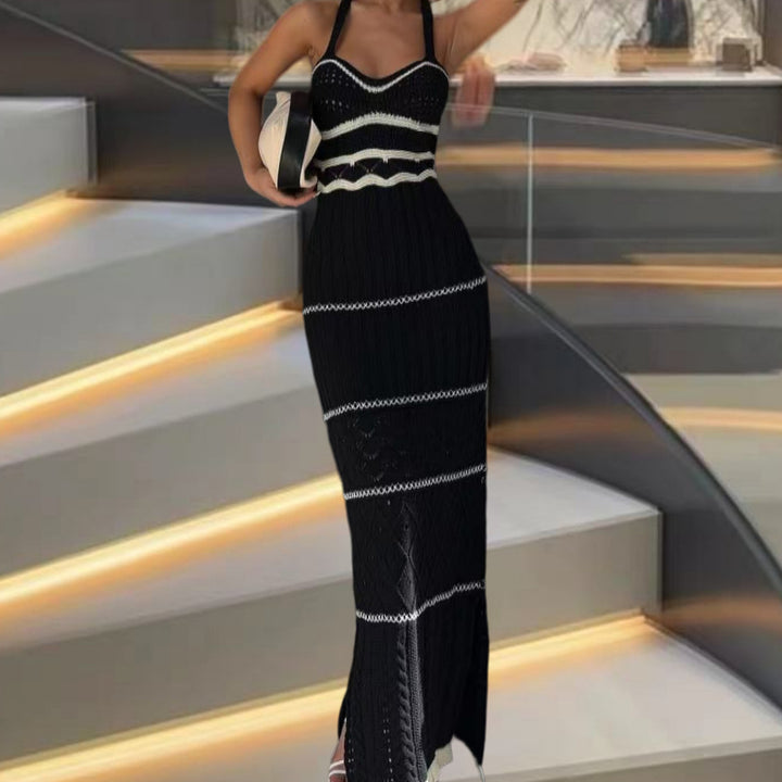 Damen Strick-Maxikleid mit raffinierten Häkelmustern und seitlichem Schlitz Drune