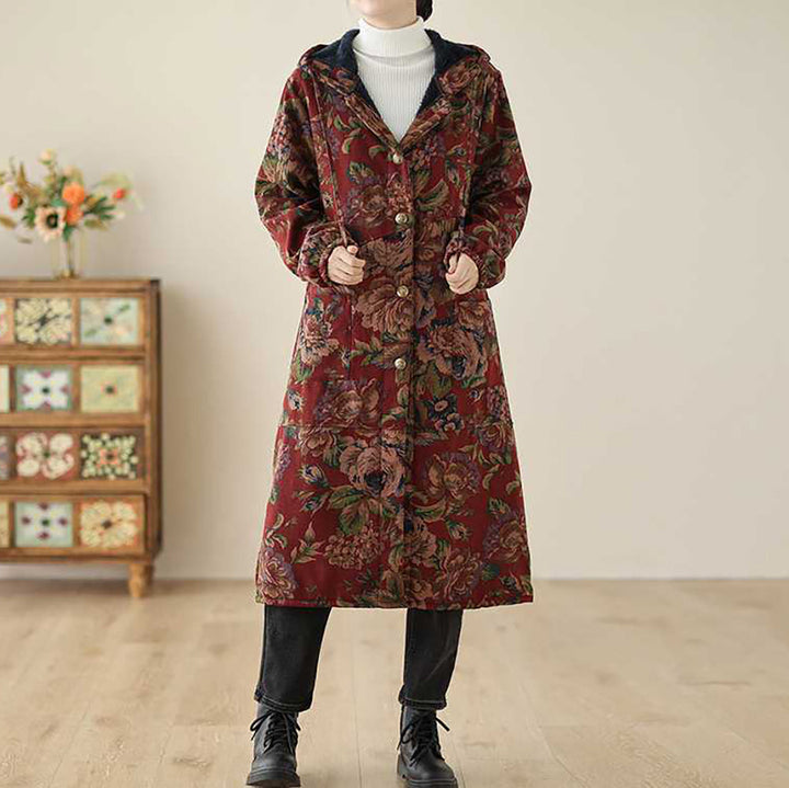 Drune | Langer Mantel im Vintage-Stil mit Blumendruck