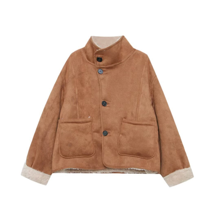 Damen nan kurze Lammfellimitatjacke mit Stehkragen, großer aufgesetzter Taschen und knöpfbarer Front Drune