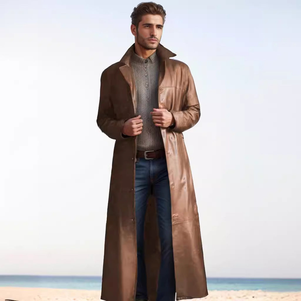 Herren Langer Ledermantel im Trench-Stil mit schmaler Silhouette und Stehkragen Drune