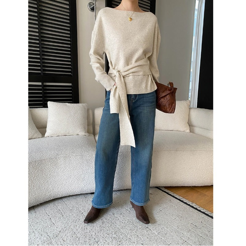 Damen eleganter Wollpullover mit modischem Bindegürtel Drune