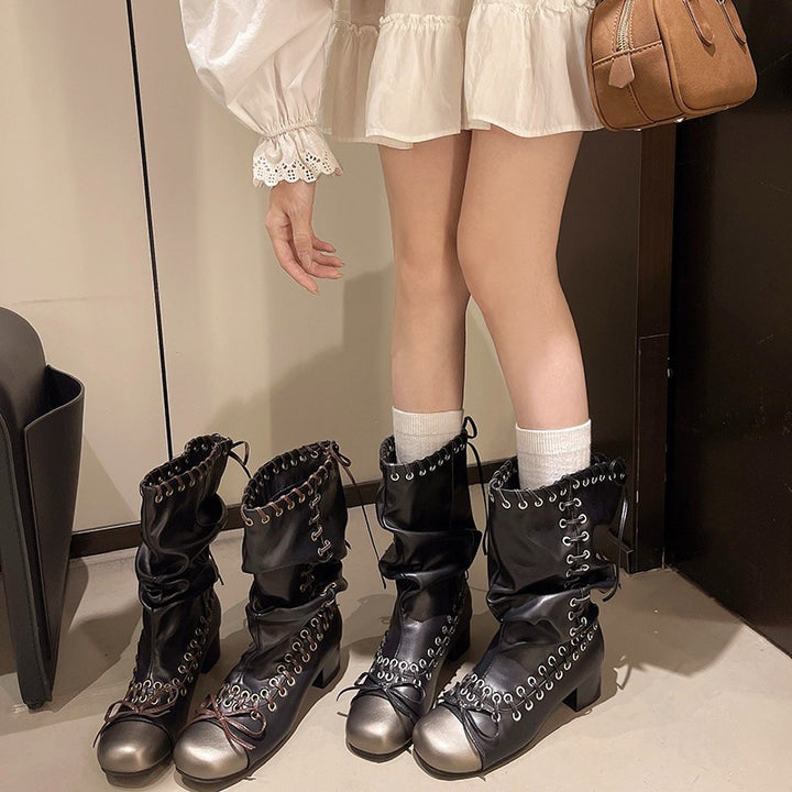 Damen Modische Stiefeletten mit Schnürung und Metallakzenten Drune