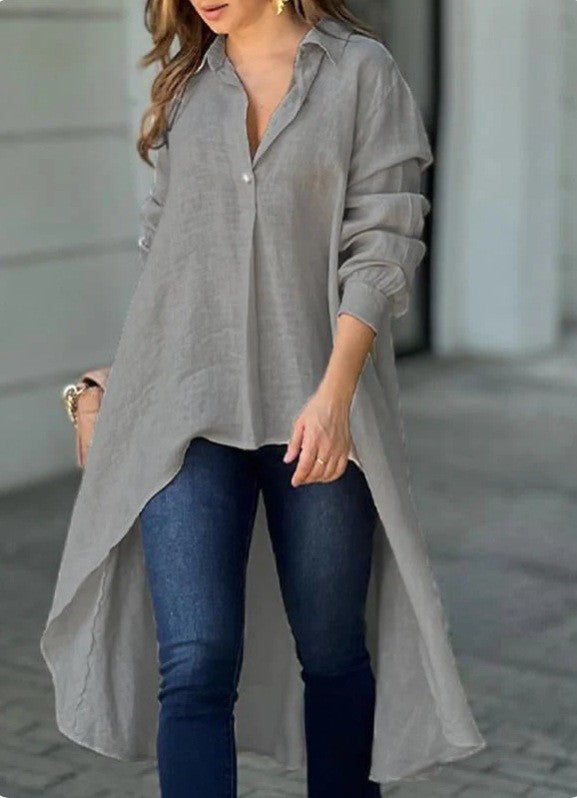 Damen Leichte Leinen‑Tunika‑Bluse mit asymmetrischem High‑Low‑Schwanz und Hemdkragen Drune