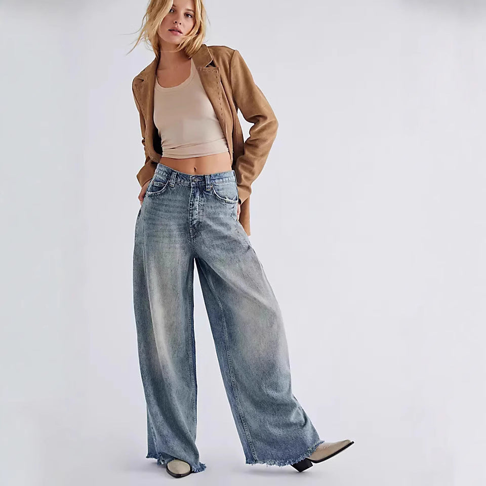 Damen nan extraweite High‑Waist Palazzo-Jeans aus Denim mit rohem Saum und Vintage-Waschung Drune