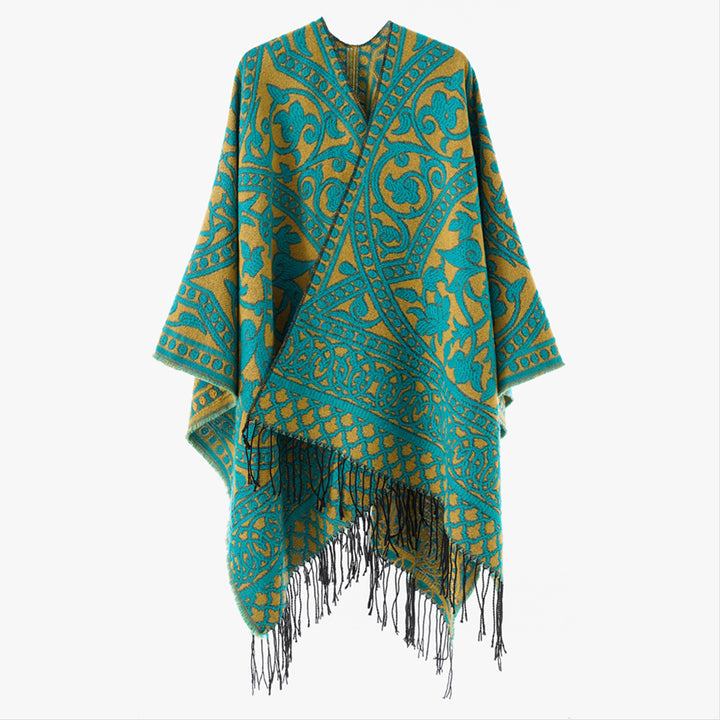 Damen Jacquard-Überwurf mit orientalischem Ornamentmuster und Fransensaum Drune