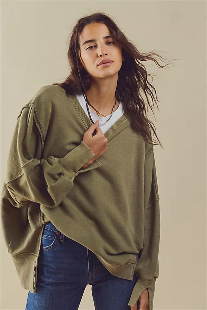 Damen oversized Sweatshirt mit Ballonärmeln, offenen Saumnähten und seitlichen Schlitzen Drune