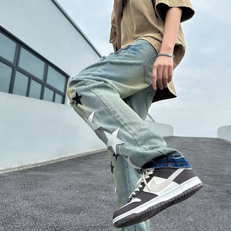 Herren Lässige Distressed Jeans mit Sternenapplikationen Drune