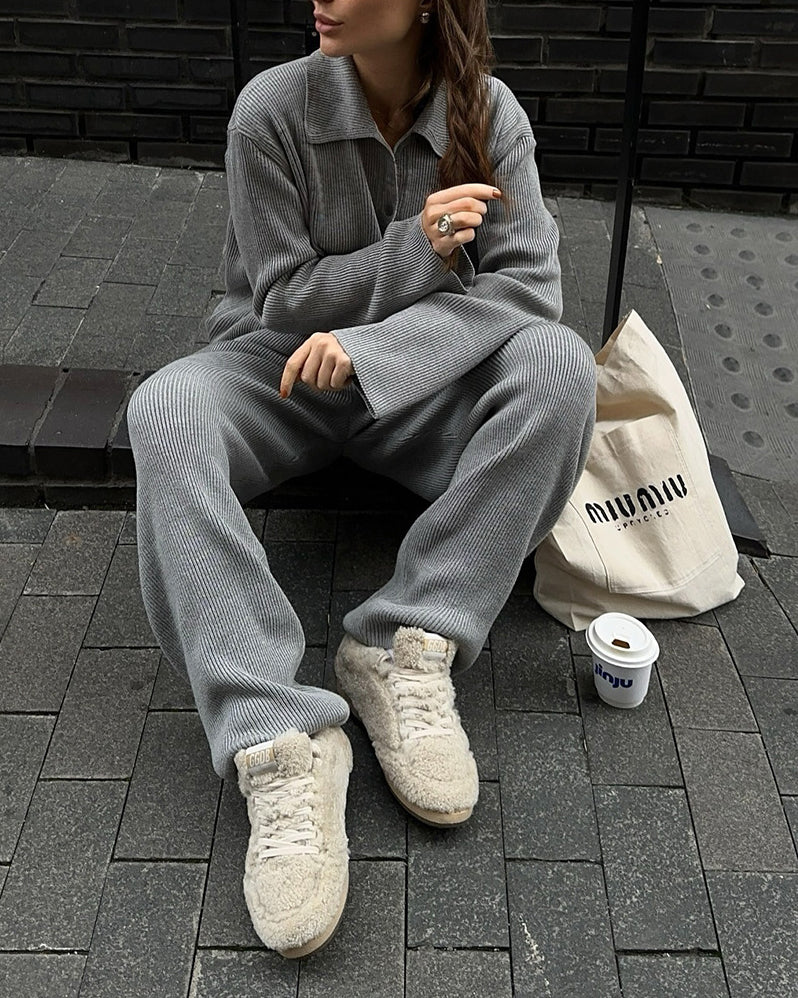 Drune | Einreihige Gerippte Strickjacke und Lockere Hosen Satz