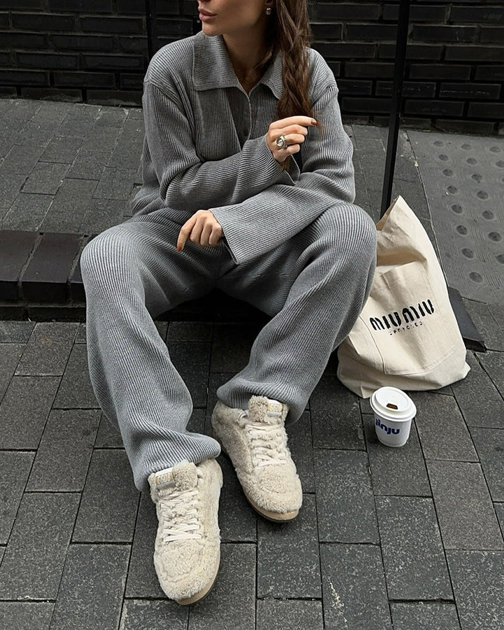 Drune | Einreihige Gerippte Strickjacke und Lockere Hosen Satz