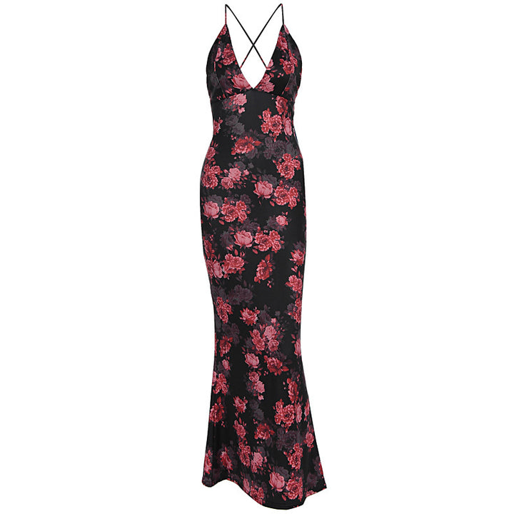 Damen Elegantes Maxikleid mit tiefem V-Ausschnitt und Spaghettiträgern Drune