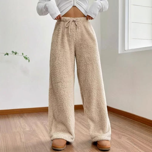 Damen nan hochtaillierte Teddyfleece-Loungehose mit weitem Bein, Kordelzug und seitlichen Eingrifftaschen Drune