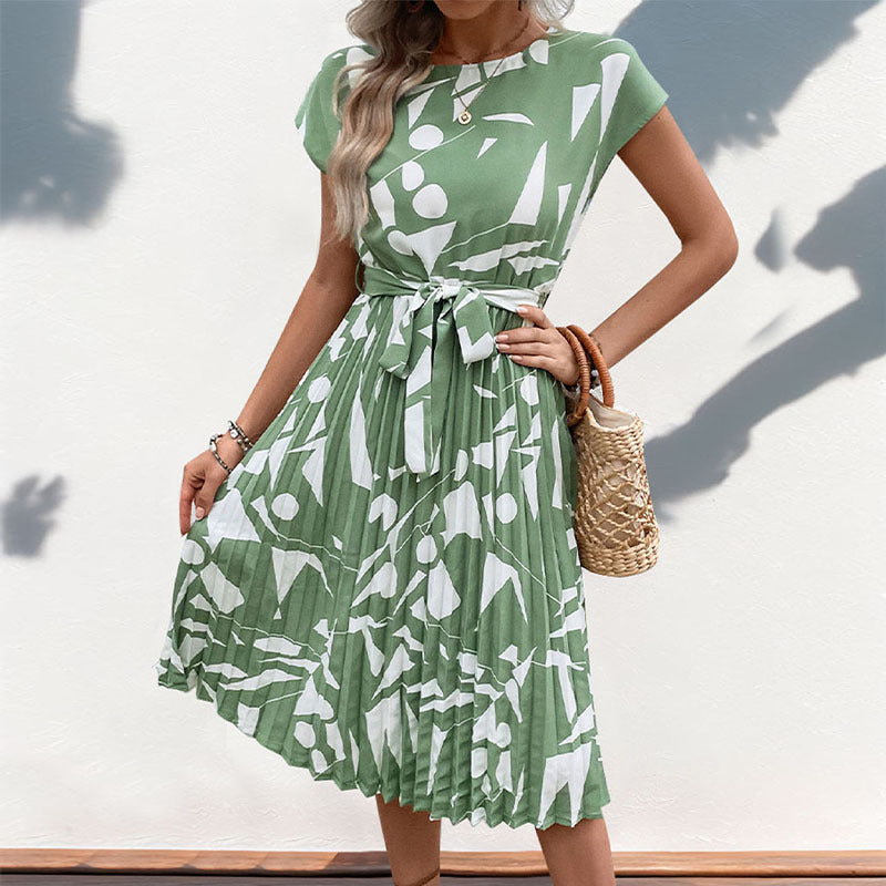 Damen plissiertes Maxikleid mit kunstvollem Muster und taillierbarem Bindegürtel Drune