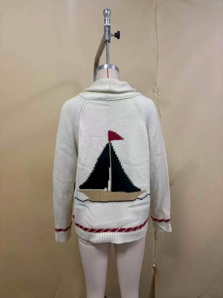 Damen Grobstrick-Cardigan mit Reverskragen und Pferde‑Intarsie Drune