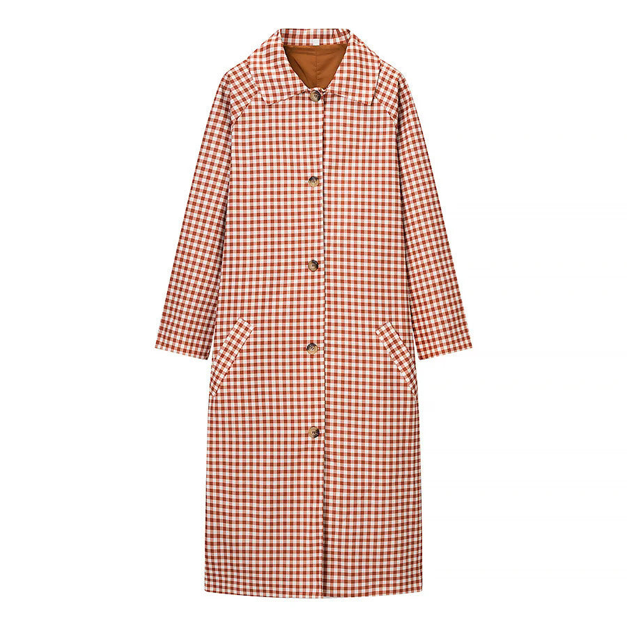 Damen nan karierter Midi-Trenchcoat mit Hemdkragen, durchgehender Knopfleiste und aufgesetzten Eingrifftaschen Drune
