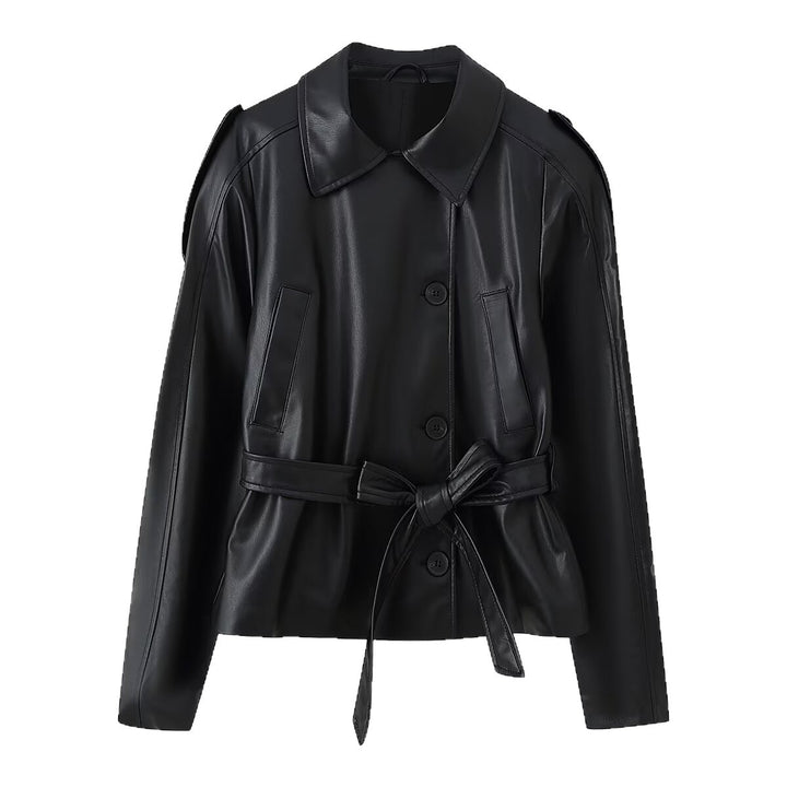 Damen Kurze Taillierte Kunstlederjacke mit Bindegürtel und Hemdkragen Drune
