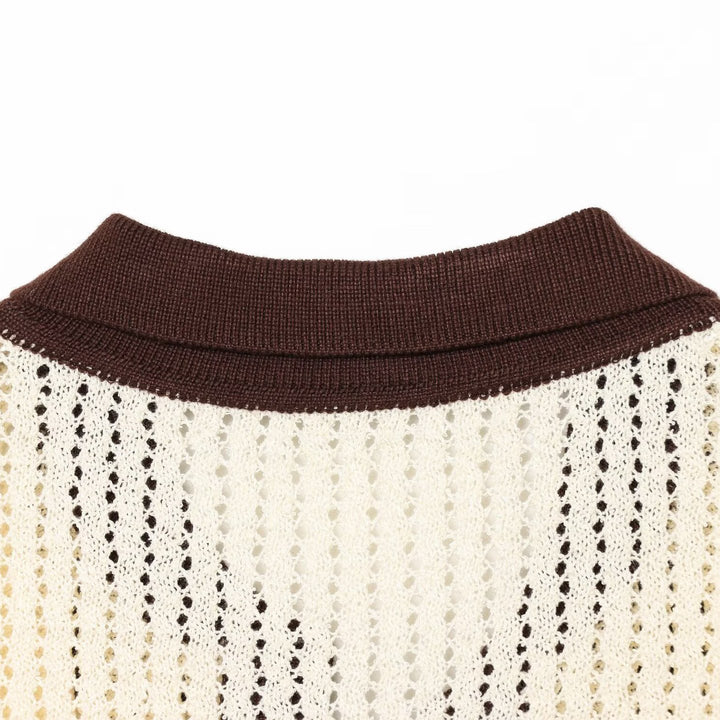 Damen Kurzarm-Polopullover aus Lochstrick mit offenem V-Ausschnitt Drune