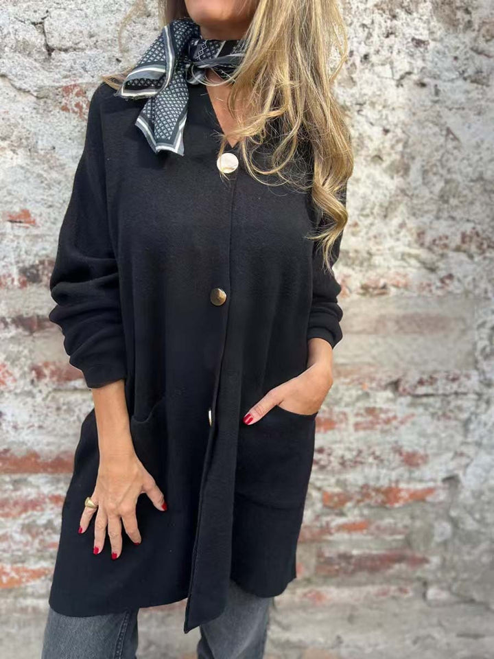 Damen Oversize Strickmantel-Cardigan mit aufgesetzten Taschen und Zierknöpfen Drune