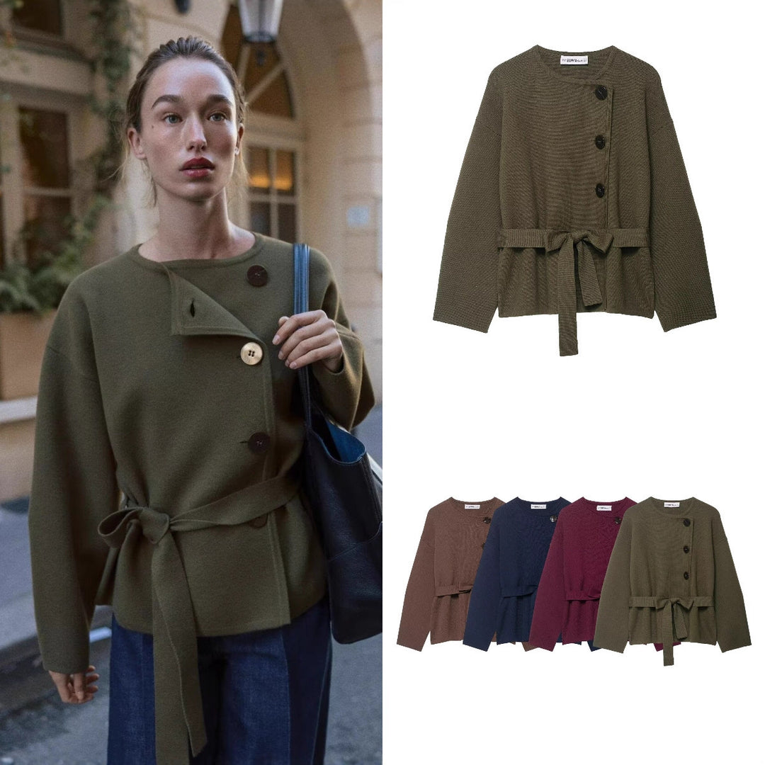 Damen Strickjacke mit asymmetrischer Knopfblende und Taillengürtel Drune
