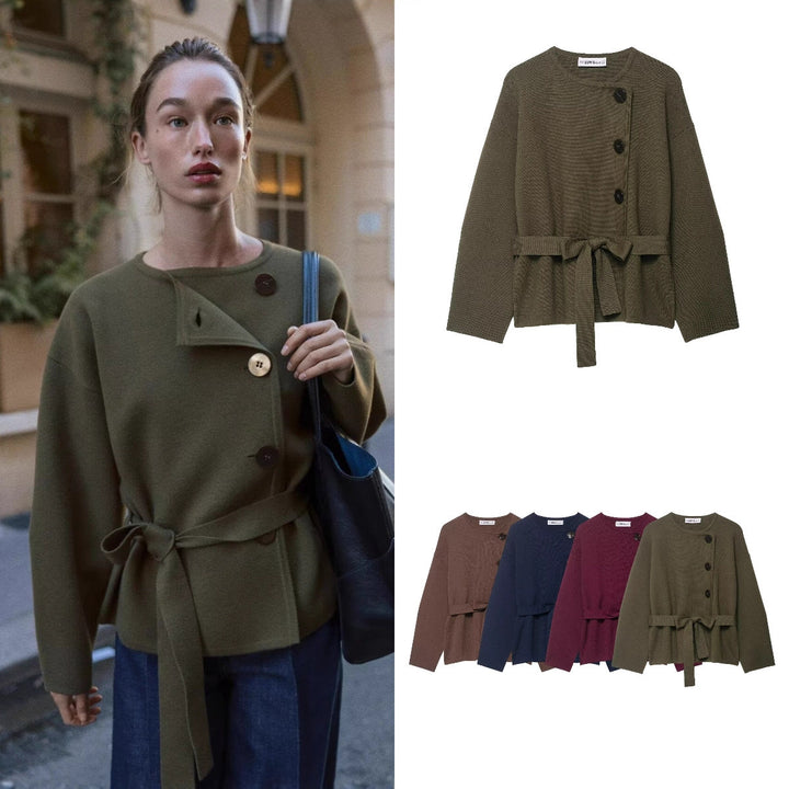 Damen Strickjacke mit asymmetrischer Knopfblende und Taillengürtel Drune