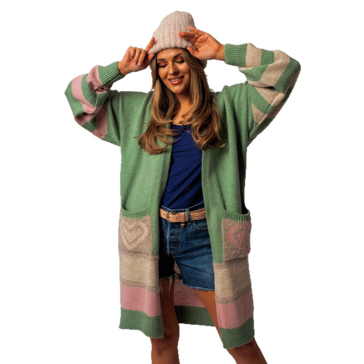 Damen Langärmliger Strickcardigan mit herzförmigen Taschen und modernem Farbblocking Drune