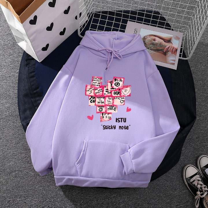 Damen nan Kapuzenpullover mit Sticky-Note Grafik, Kängurutasche und weichem Fleecefutter Drune