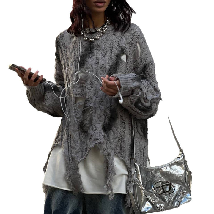 Damen Grob gestrickter Oversized Pullover mit Fransen Drune