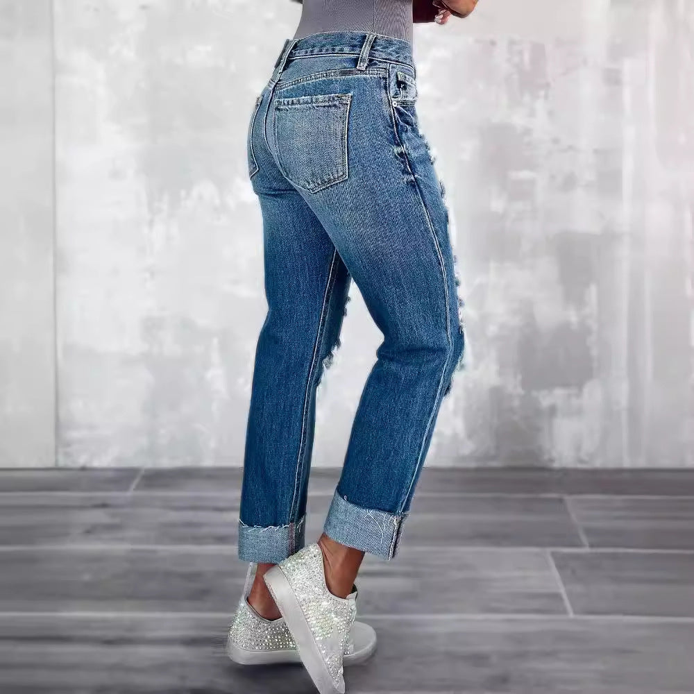 Damen Ripped Boyfriend Jeans im angesagten Vintage-Look mit weitem Bein Drune