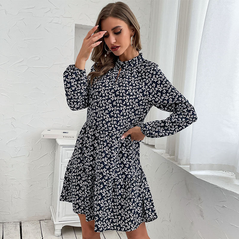 Damen Gestuftes Minikleid mit Stehkragen, Blumenprint und taillierter A‑Linie Drune