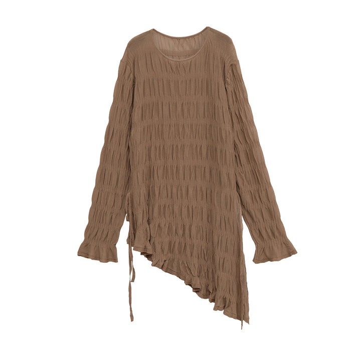 Damen Asymmetrische Tunika in Knitteroptik mit Bindeband und Trompetenärmeln Drune