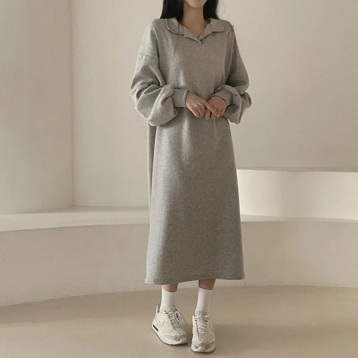 Damen elegantes Hoodie-Kleid mit lässigen Puffärmeln und seitlichem Schlitz